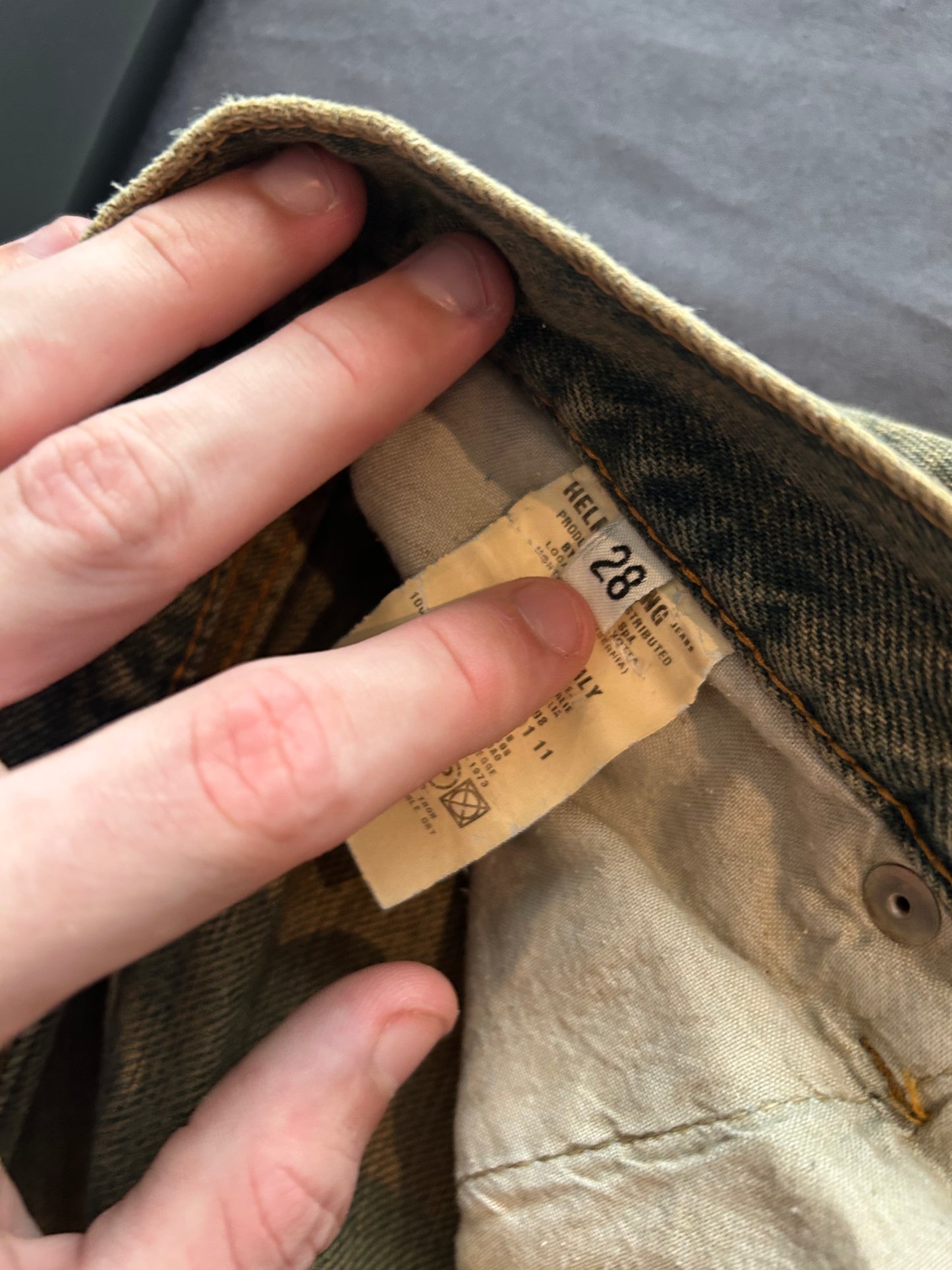 1998 HELMUT LANG OLIVE STAINED JEANS